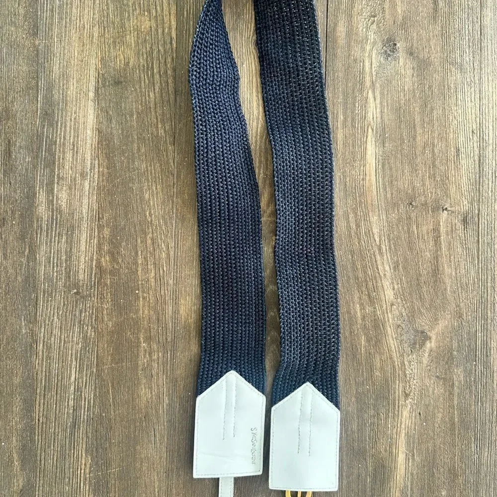 Vintage YSL Yves St. Lauren Blue And White Rattan Belt Large